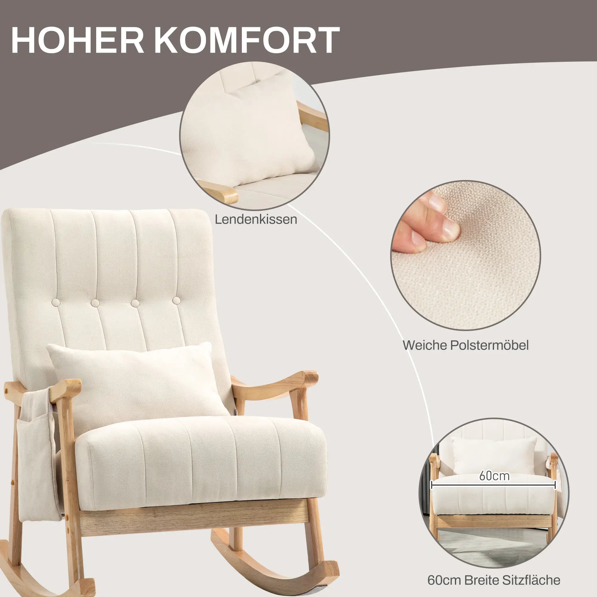 HOMCOM Sedia a Dondolo con Cuscino Lombare e Tasca Laterale Beige