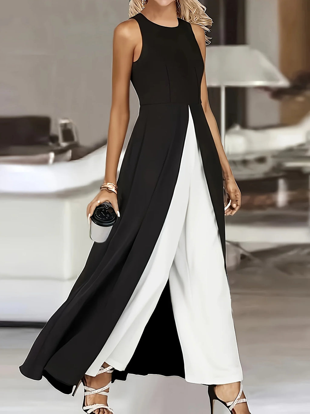 Eleganter rmelloser Jumpsuit mit weitem Bein für Frühling und Sommer