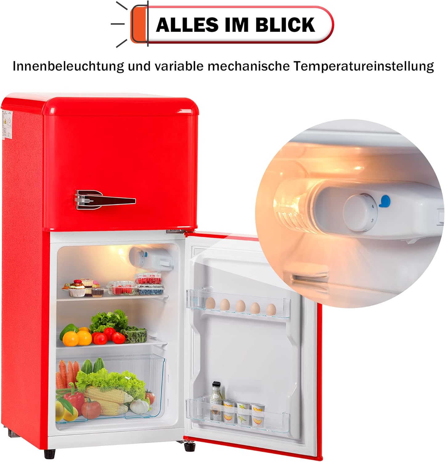 Merax Frigorifero con Congelatore, Frigorifero Combinato, Piccolo Frigorifero con 51L e Congelatore 21L, Silenzioso, LED, Ripiani in Vetro, Cassetto Verdura, Balconcini, per Cucina, Soggiorno, Ufficio, Nero