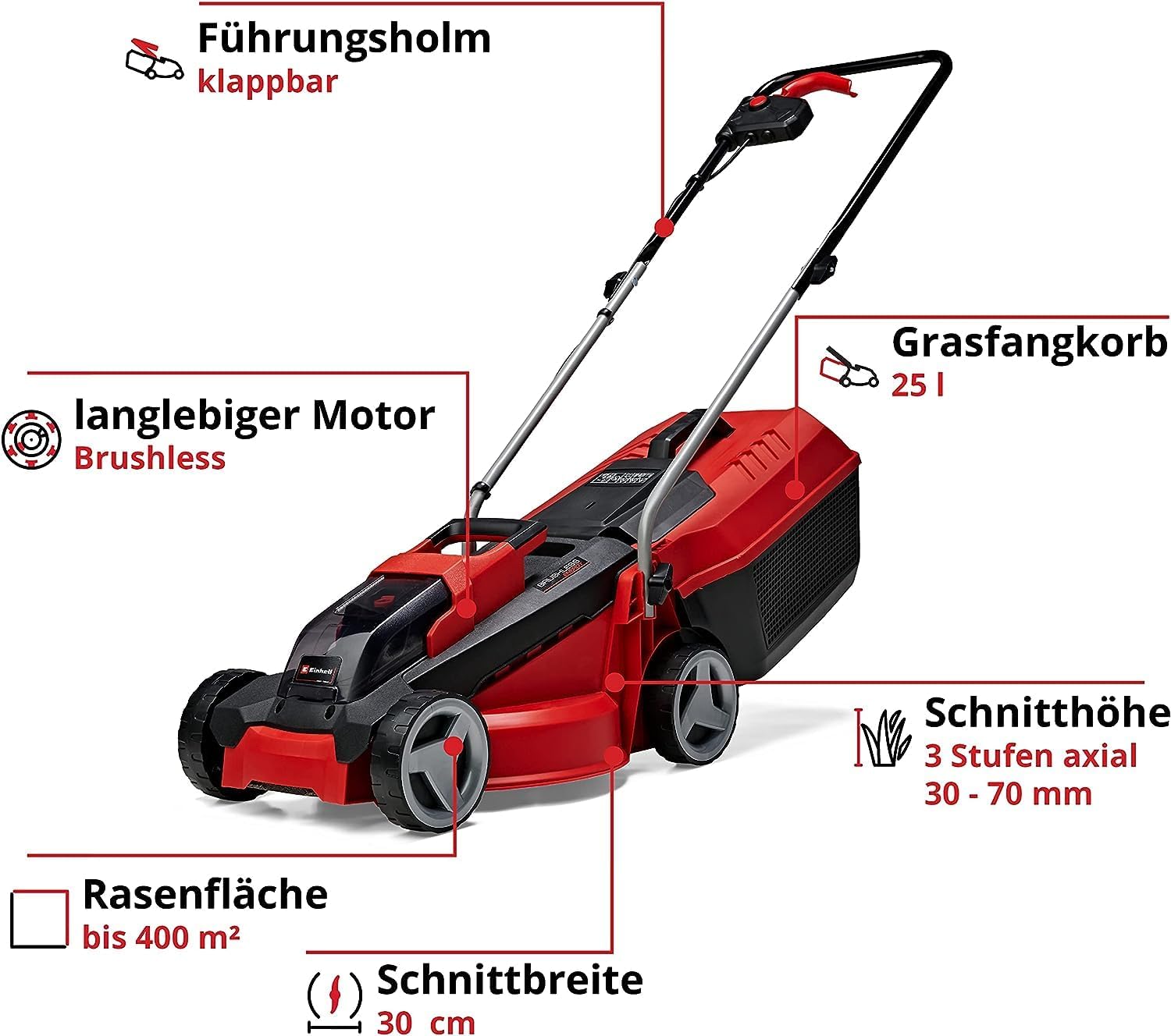 Rasaerba a batteria Einhell City GE-CM 18/30 Li Kit Power X-Change (18 V, larghezza di taglio 30 cm, fino a 150 m², motore brushless, cesto di raccolta 25 l, altezza di taglio 30-70 mm, incl. batteria da 3,0 Ah + caricabatterie)
