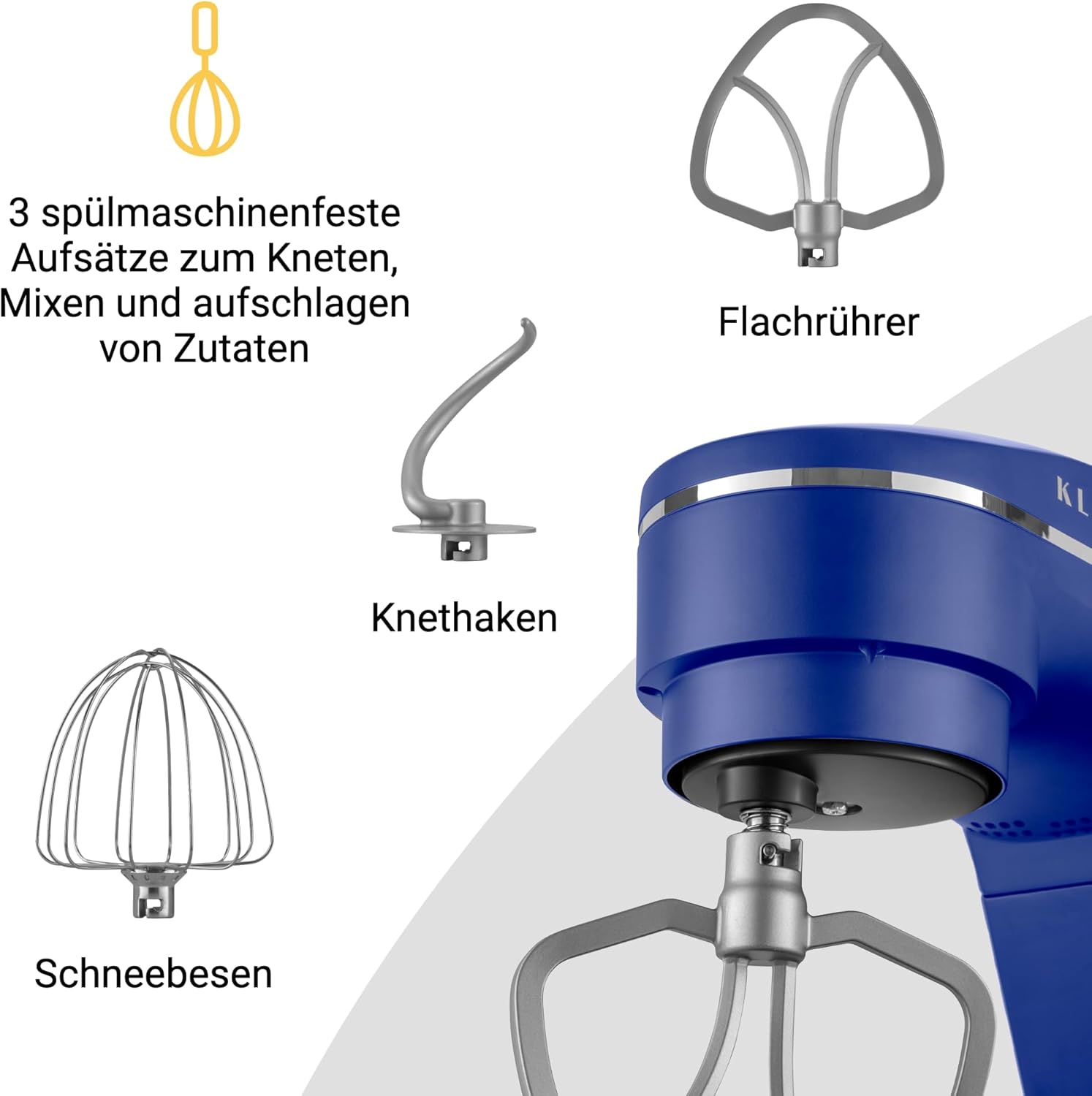 Impastatrice Planetaria KLAMER 1800W, con Ciotola in Acciaio Inossidabile da 6 Litri, 10 Velocità con Timer, Frusta a Filo, Gancio Impastatore, Frusta Piatta e Paraspruzzi