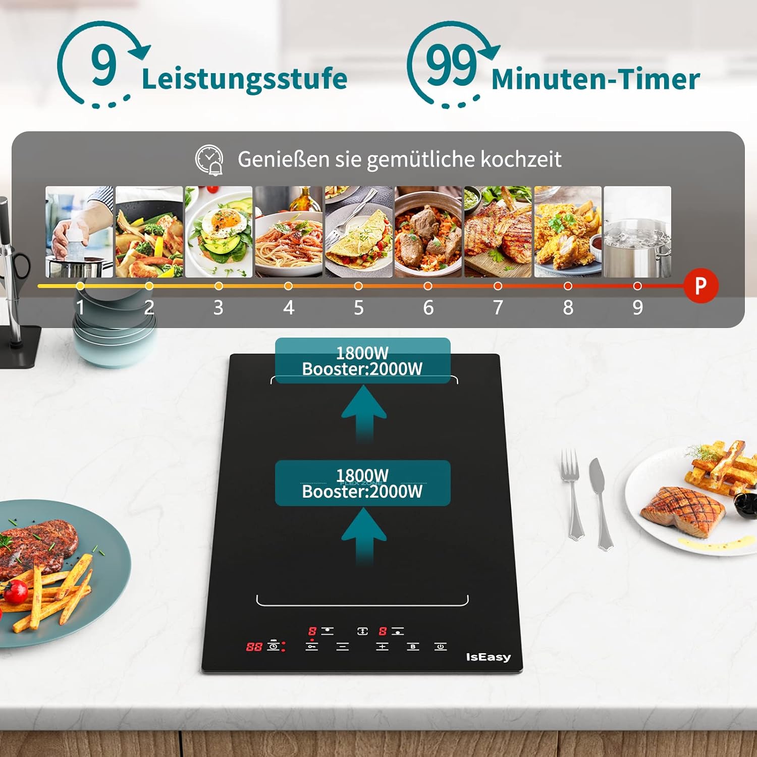 IsEasy 4 Zonen Einbau Induktionskochfeld mit 9 Leistungsstufen &1-99Min Timer, Boost-Funktion, Induktionskochplatte, Induktion Herdplatte mit 4 Platten, 60cm, 6800W, Schwarz