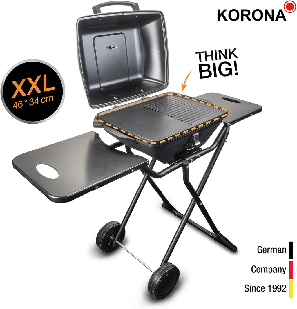 Korona 46222 Elektro-Standgrill mit Rollen | 2400 Watt Elektrogrill | Geteilte XXL Grillfläche, geriffelt und glatt | mit Deckel und Temperaturanzeige