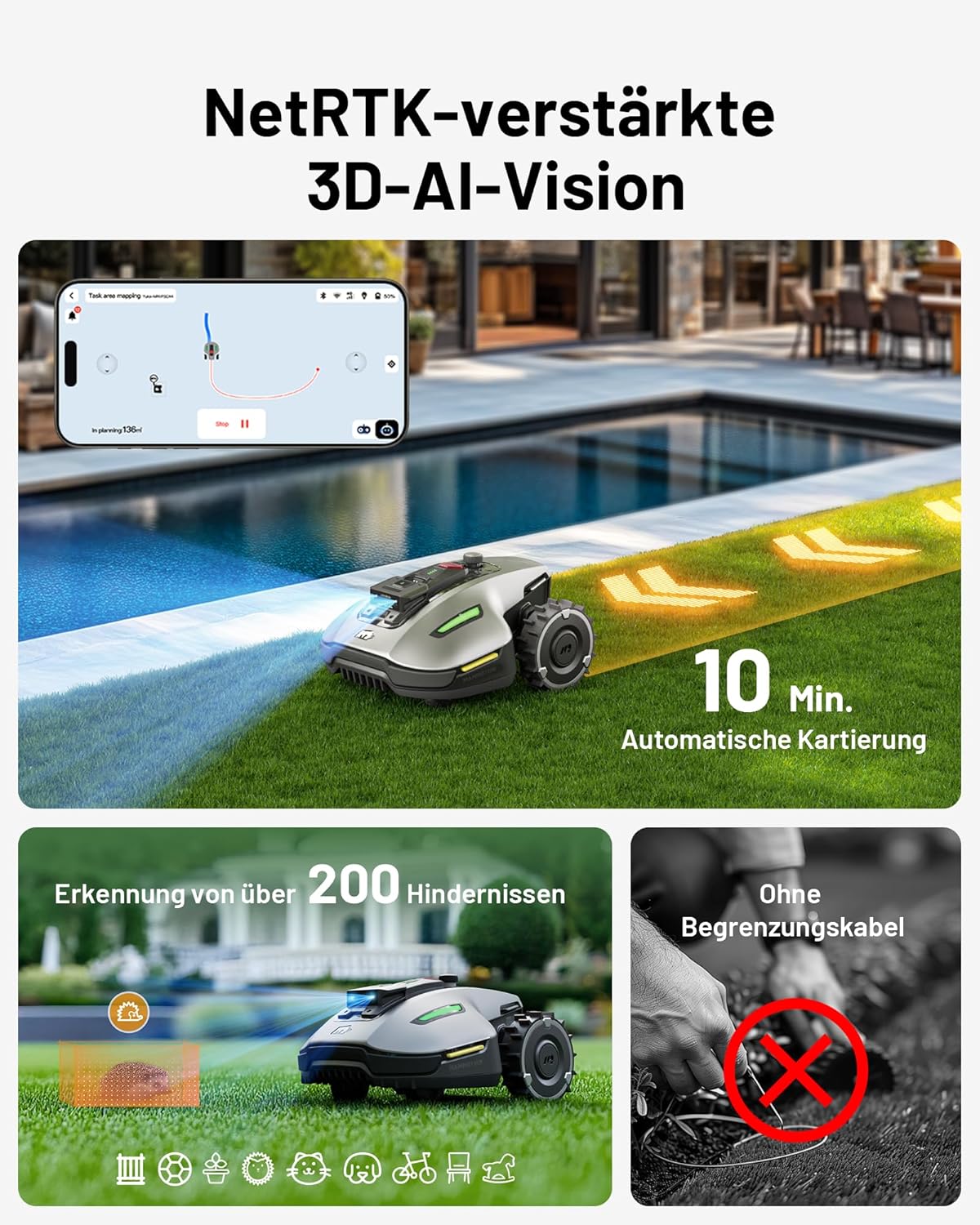 MAMMOTION YUKA Mini 700 Robot rasaerba senza filo perimetrale, NetRTK+Vision, Nessuna antenna RTK richiesta, Mappatura automatica, Consigliato 700m², Max. 1100m², con modulo 4G, Pendenza 50%