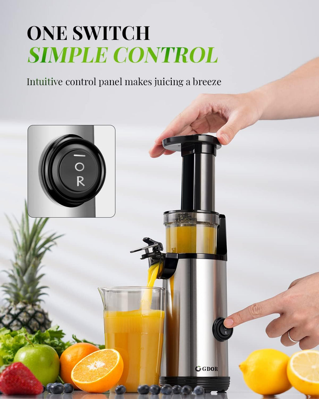 GDOR Spremiagrumi Compatto Spremiagrumi Potente Spremiagrumi Lento Facile da Pulire Macchina Spremiagrumi Silenzioso per Frutta e Verdura, 600 ml, Elevata Resa di Succo, Spazzola Inclusa, Senza BPA