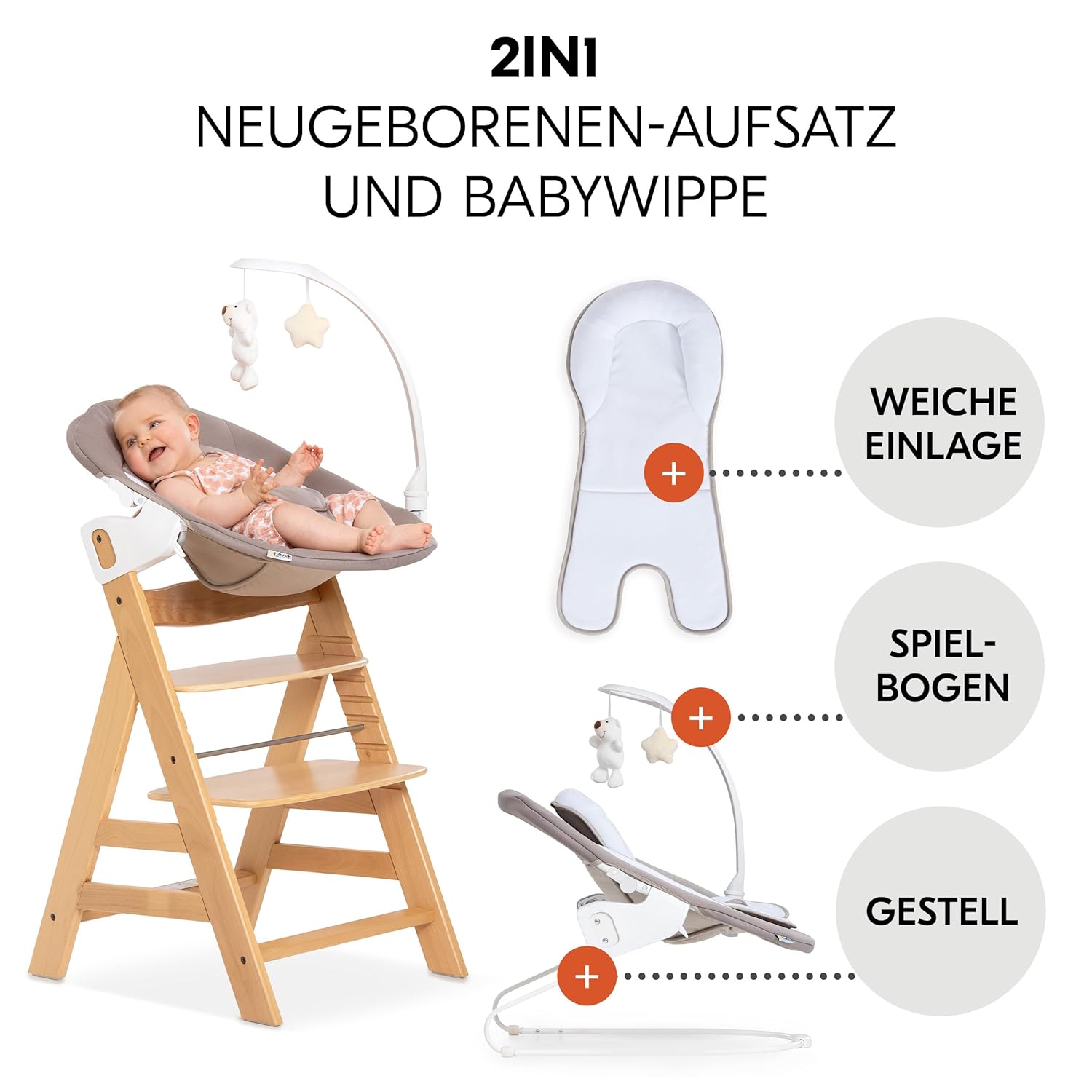 hauck Alpha Plus Newborn Set Deluxe - Seggiolone Pappa Legno da Nascita con Funzione Sdraietta - include Sdraietta per Neonato & Cuscino - Evolutivo, Regolabile - Dark Grey