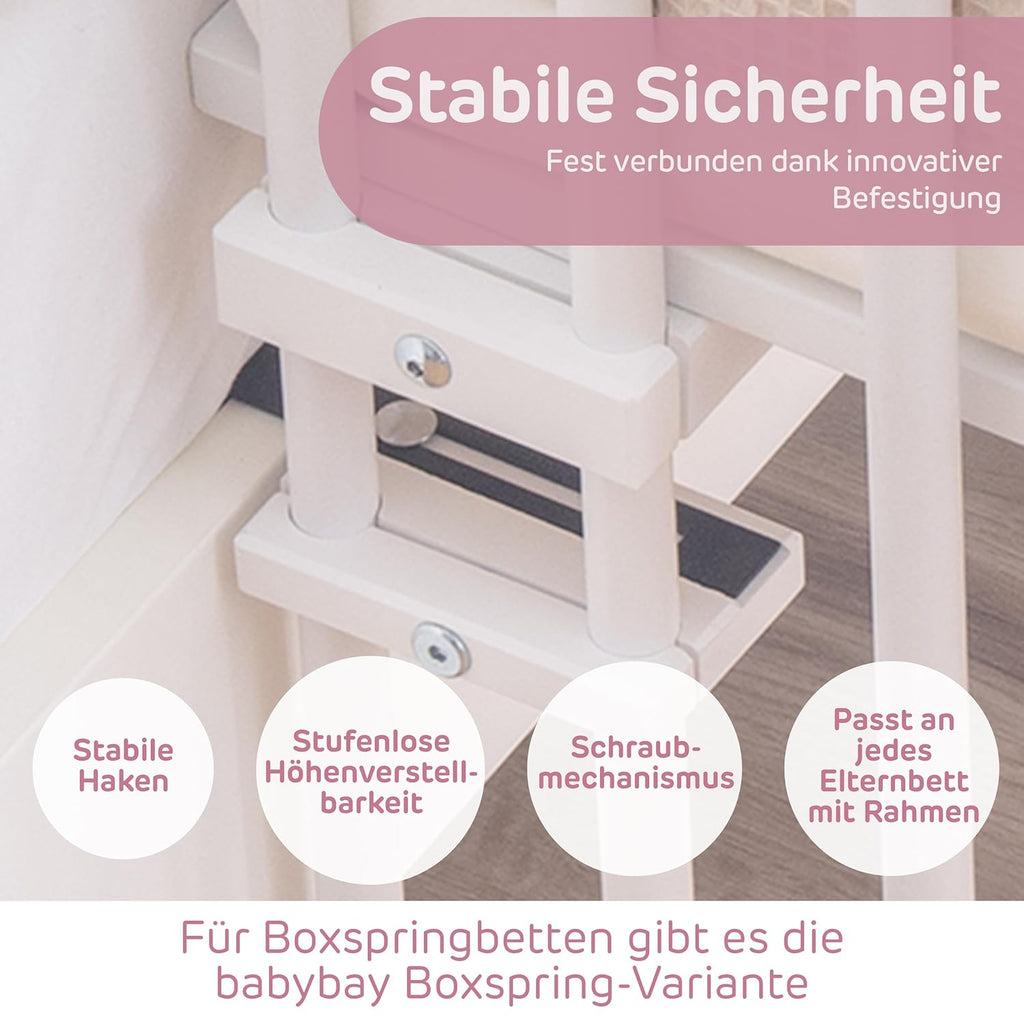 babybay Original Lettino da affiancare in massello di faggio / compatto e trasformabile / Lettino per bambini regolabile in altezza senza livelli preimpostati ed ecologico / Lettino evolutivo (laccato bianco) / inclusa Matratze
