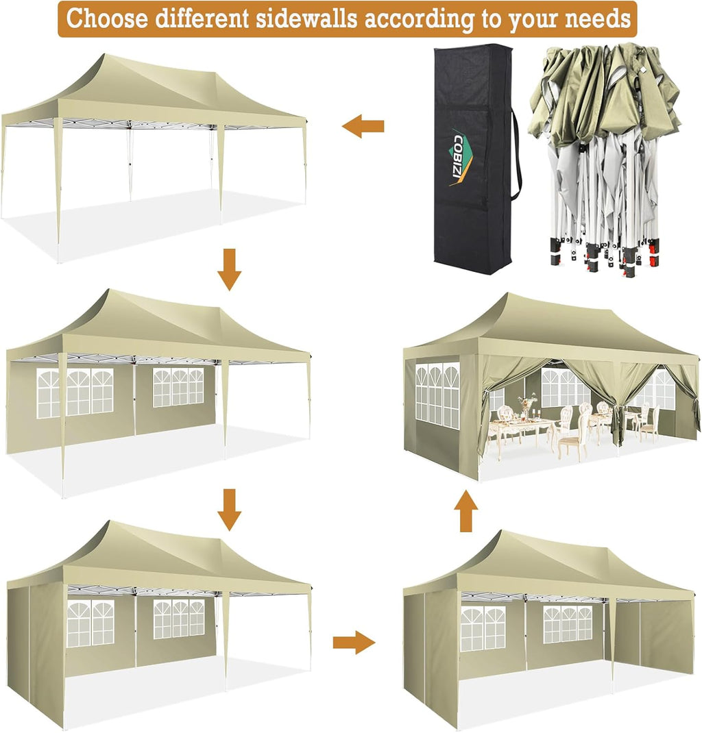COBIZI Gazebo Pieghevole 3x6 Impermeabile Stabile con 6 Pareti Laterali, Tenda a Padiglione con Tetto a Punta, 3 Altezze Regolabili, Protezione UV, Borsa per Il Trasporto, Picchetti, Corde per Giardino, Matrimoni, Mercati, Eventi all'Aperto