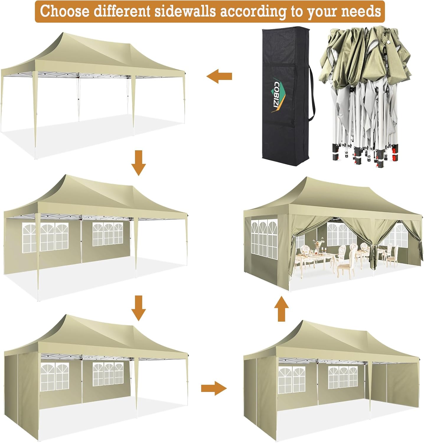 COBIZI Gazebo 3x6 Pieghevole Impermeabile Stabile con 6 Pareti Laterali a Cono Tenda per Feste 3 Altezze Regolabili Protezione UV Borsa per il Trasporto Picchetti, Corde per Giardino, Matrimoni, Mercati, Eventi all'Aperto