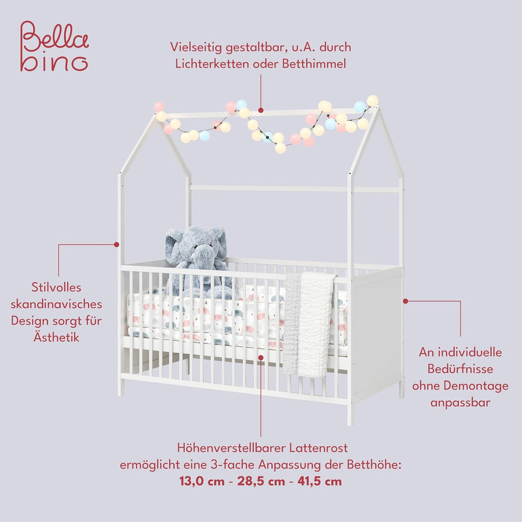 Bellabino Nika Lettino a capanna 70 x 140 cm, letto con sbarre e lettino a capanna per bambini e neonati in pino massiccio bianco, regolabile in altezza su 3 posizioni, incl. rete a doghe