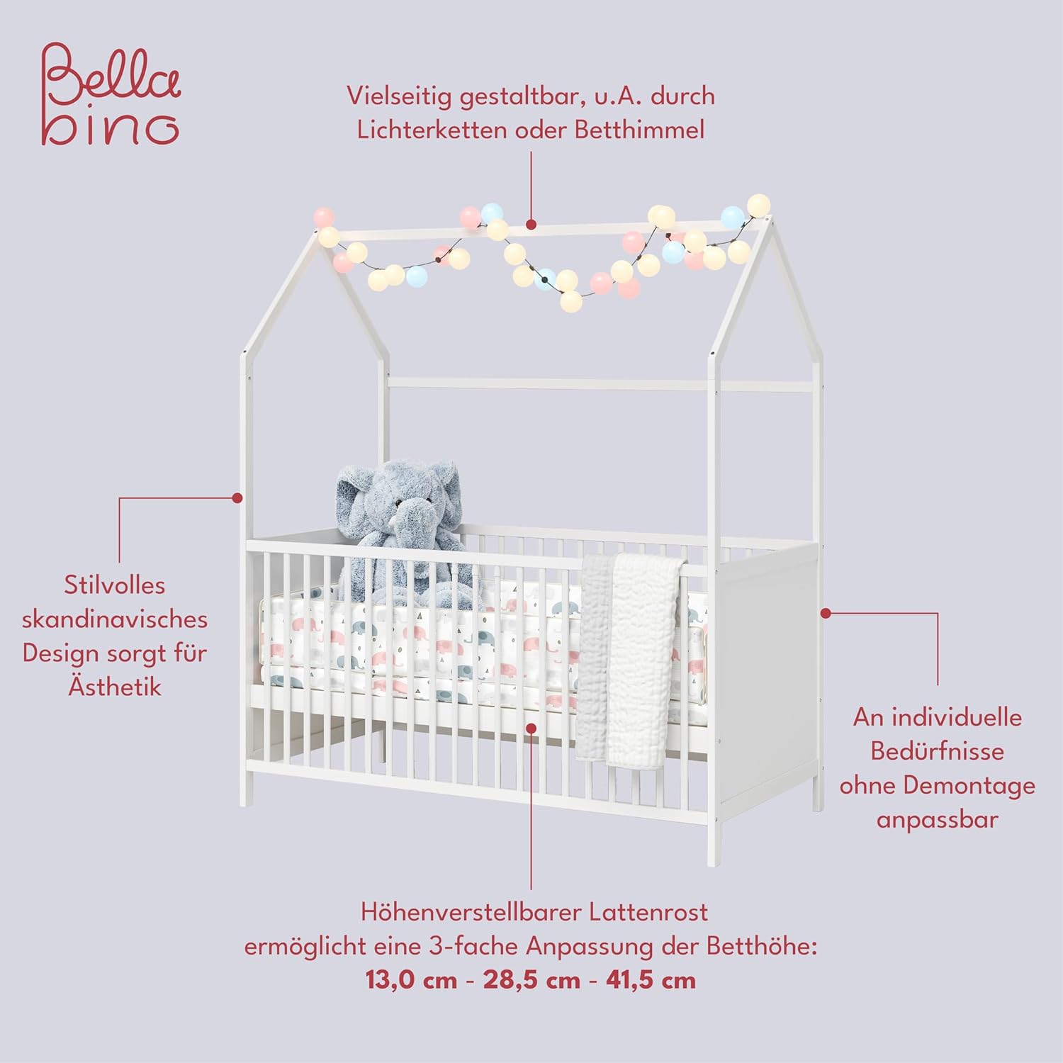 Bellabino Nika Lettino a capanna 70 x 140 cm, letto con sbarre e lettino a capanna per bambini e neonati in pino massiccio bianco, regolabile in altezza su 3 posizioni, incl. rete a doghe
