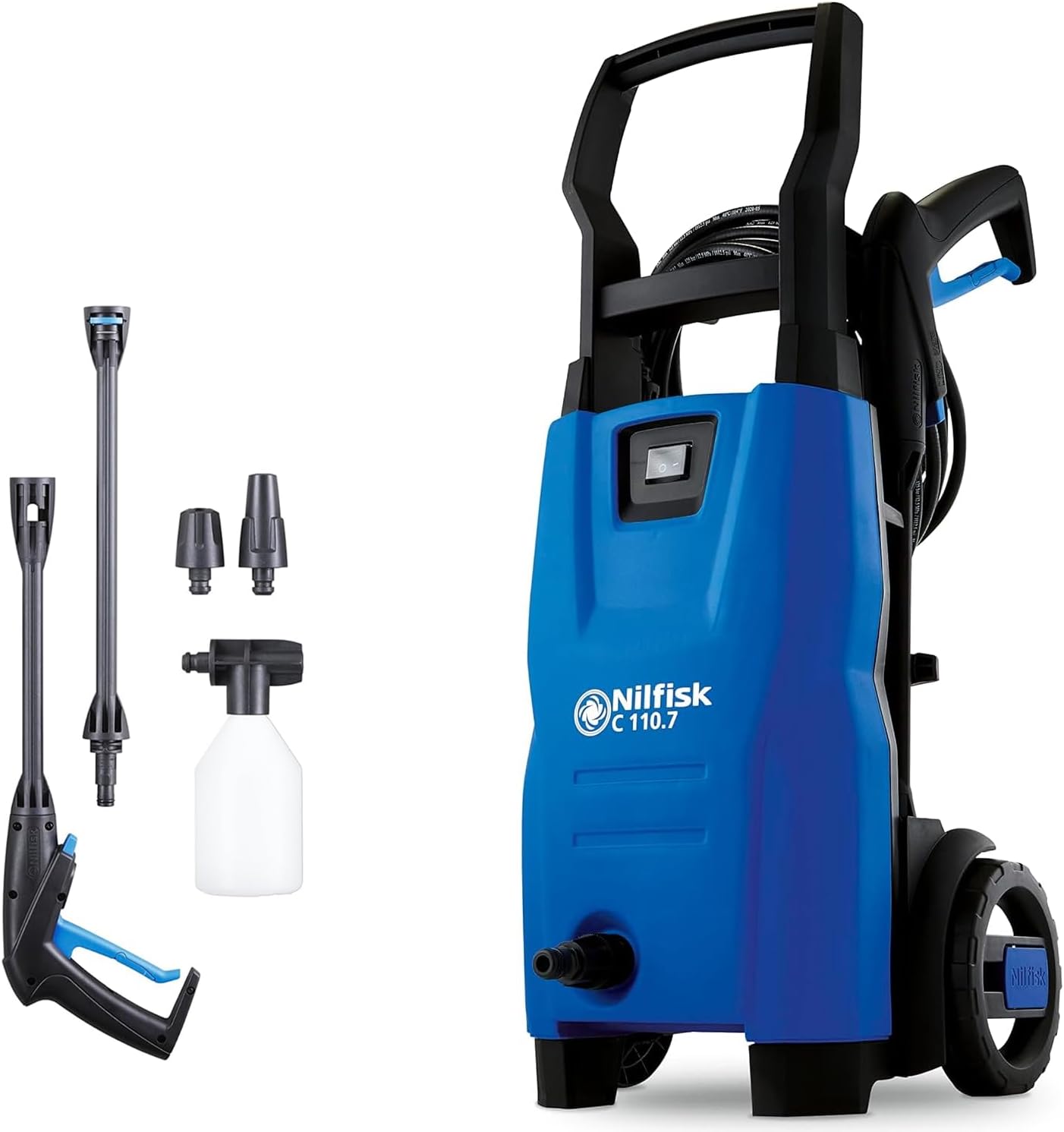 Nilfisk C 110.7 Bar Hochdruckreiniger + Schaumsprüher + Kompakt-Flächenreiniger + Bürste - Mini-Druckreiniger für Außenbereiche und Autos (1400 W)