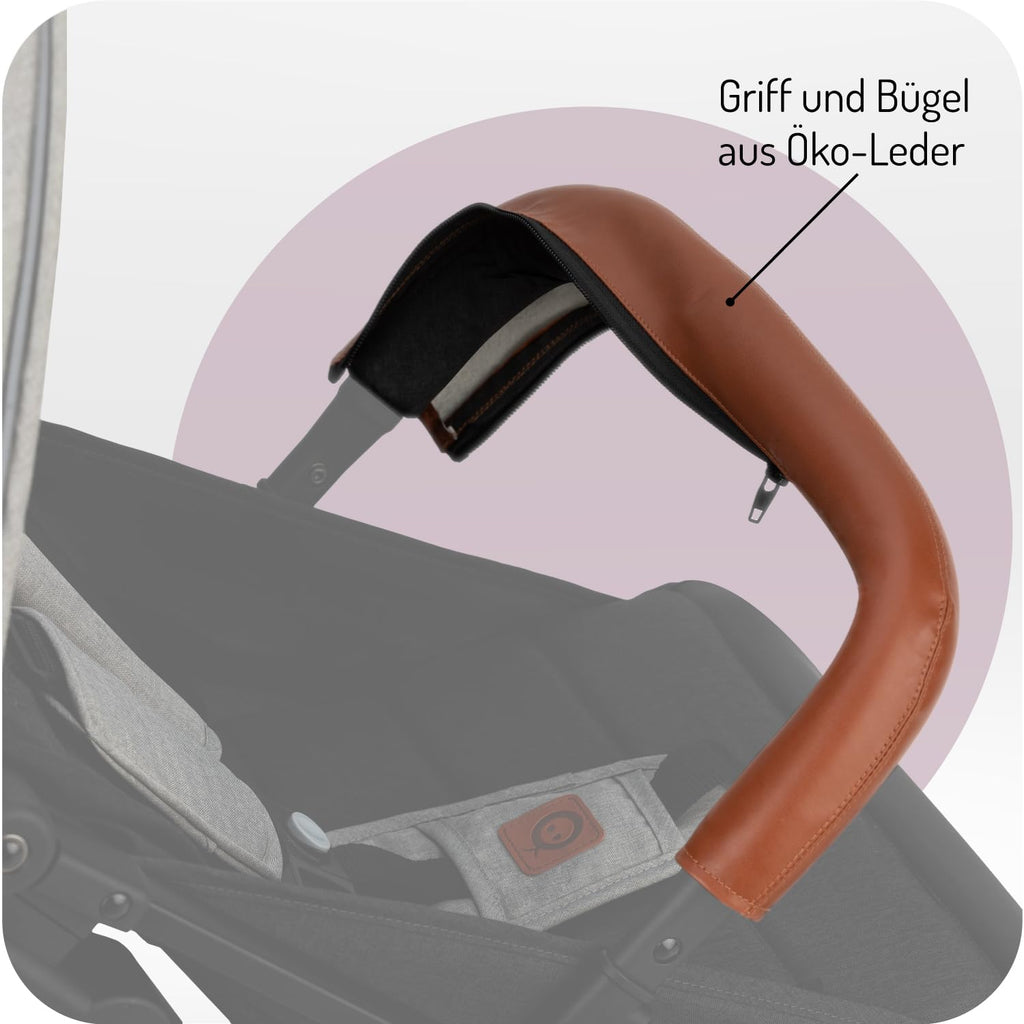 MOMI ESTELLE Kinderwagen für Kinder ab 6 Monat bis zu max körpergewicht von 15 kg, klappbar auf die Maße 65 x 51 x 21 cm, gewicht 7,5 kg, 5-Punkt-Sicherheitsgurt, koffer, grau-gold, Räder 6''/6,5''