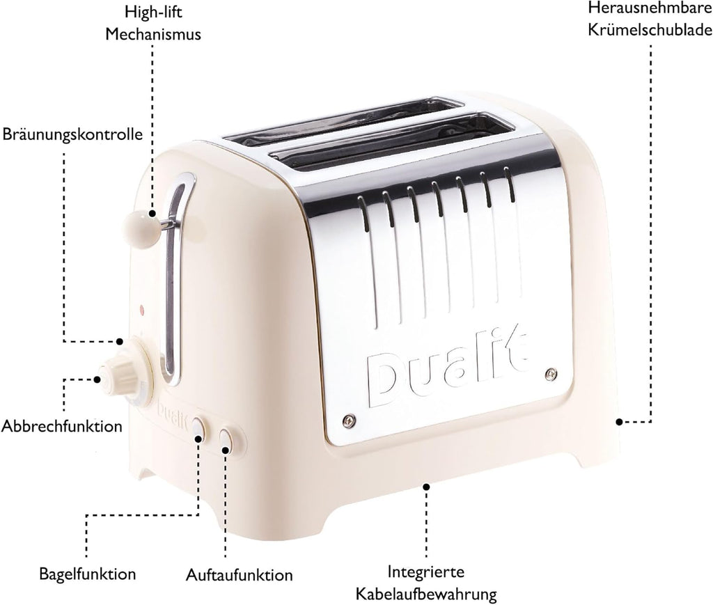 Tostapane Dualit Lite a 2 Fette - 1,1kW Tosta 60 Fette di Pane Tostato All'ora - Lucido con Bordo in Bianco Canvas - Funzione Bagel e Scongelamento - Tostapane Bianco Canvas con Fessure Larghe 36mm