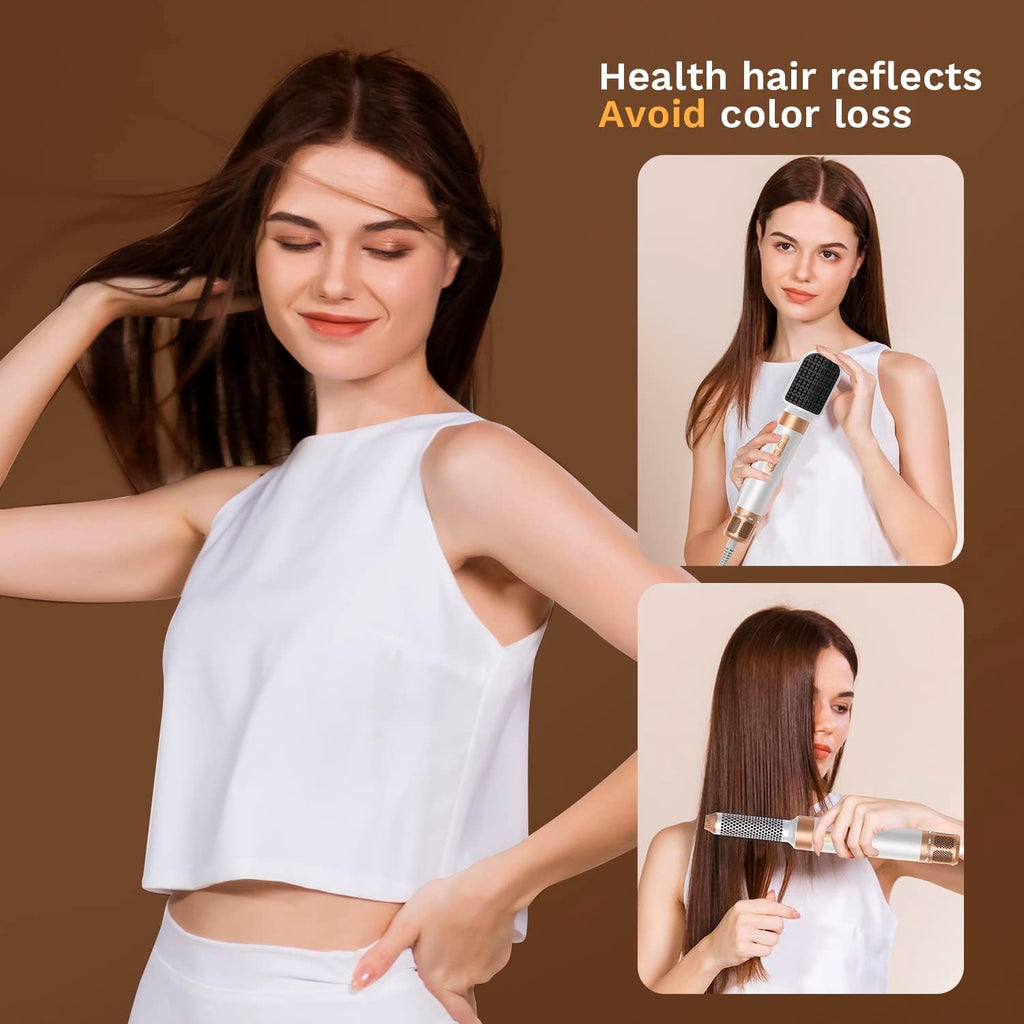 Asciugacapelli Air Styler 7 In 1, Motore ad Alta Velocità 110000 giri/min, Spazzola ad Aria Calda Con 7 Accessori, Asciugare, Lisciare, Arricciare, Dare Volume, Massaggiare il Cuoio Capelluto, Cura Ionica (Bianco)