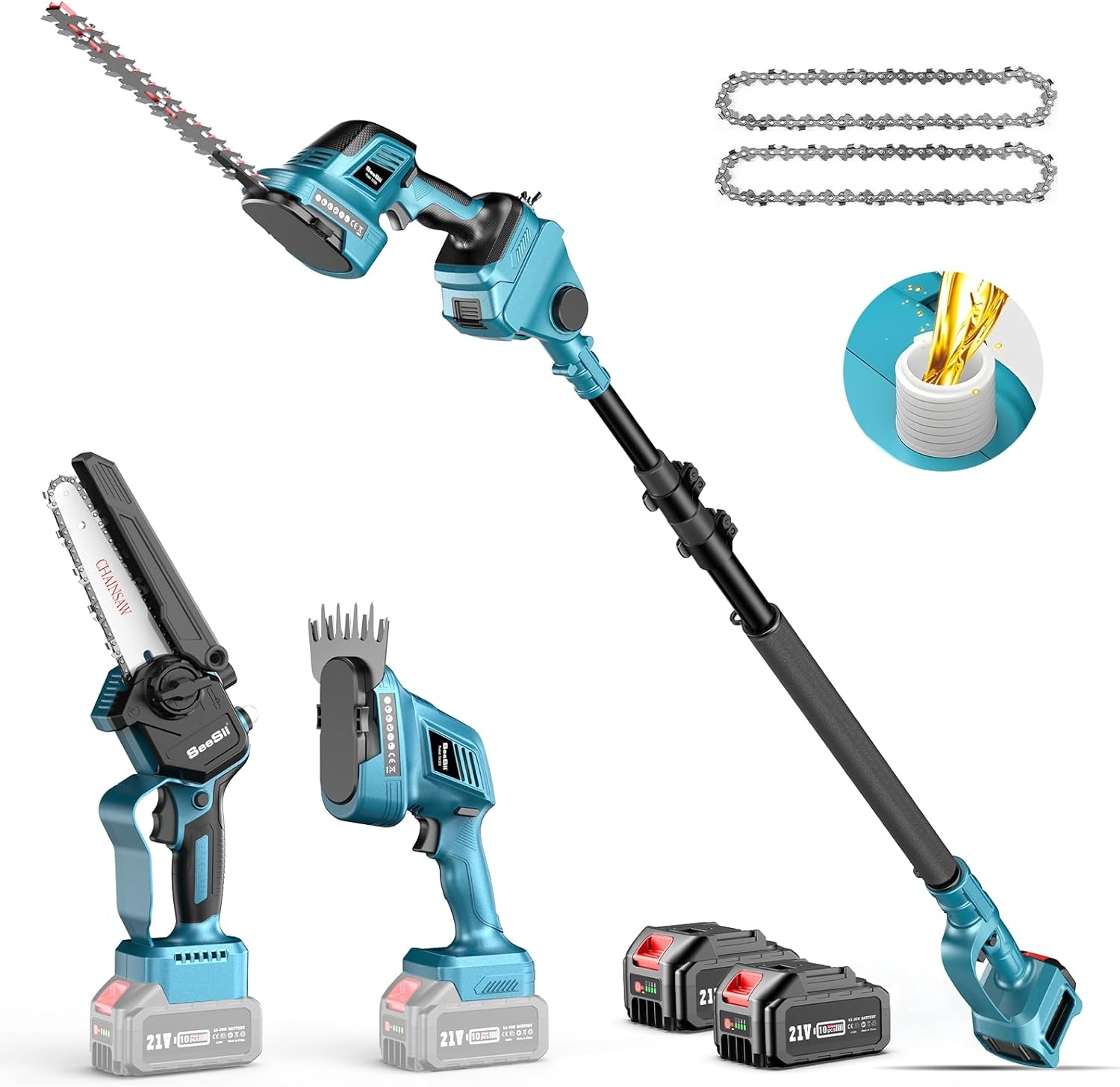 Seesii Set 6-in-1 Mini Motosega e Tagliasiepi a Batteria, con 2 Batterie da 4000mAh, Potatore ad Asta con Asta Telescopica, Portata Massima fino a 4,57m, Adatto per la Cura del Giardino e il Taglio del Legno