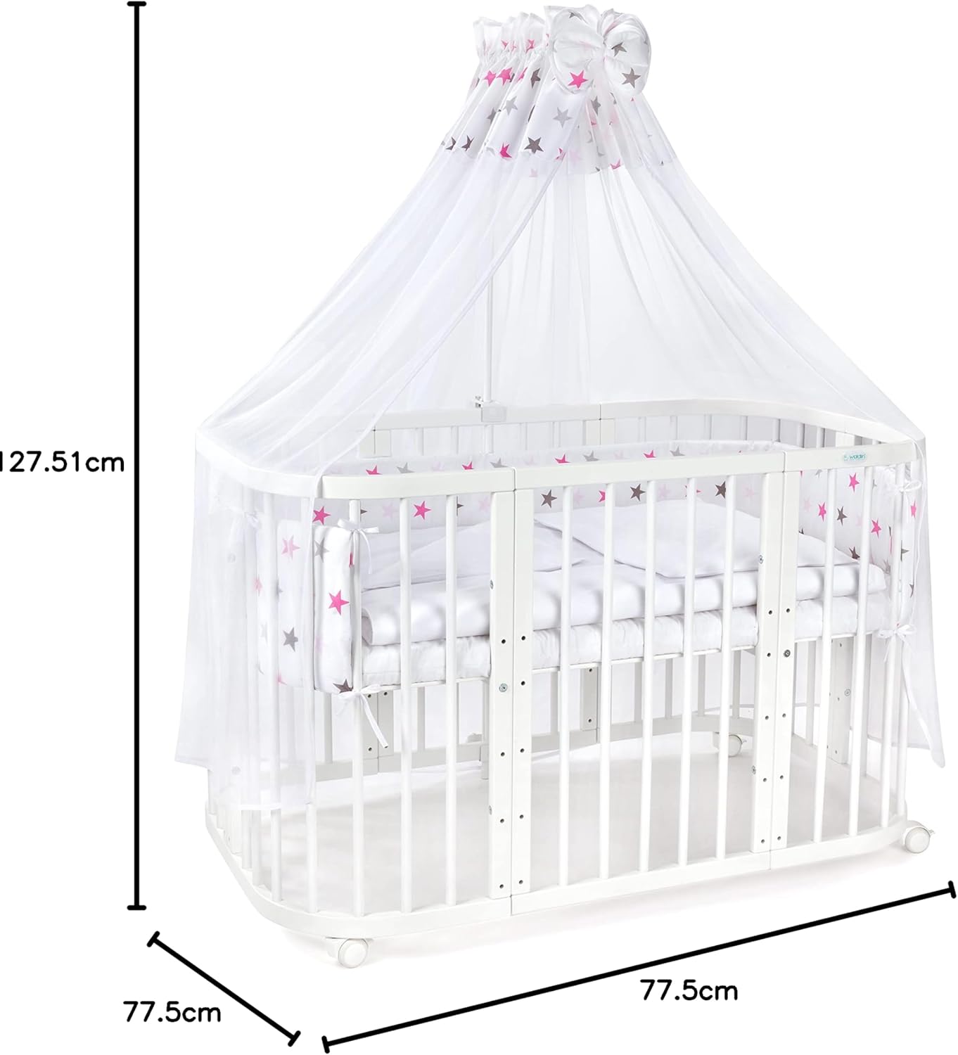 Waldin Lettino per bambini in legno 7in1 con materasso, Letto "Cresci con me", Ventilato, Base regolabile in 5 altezze, Set All-Inclusive, Legno Bianco