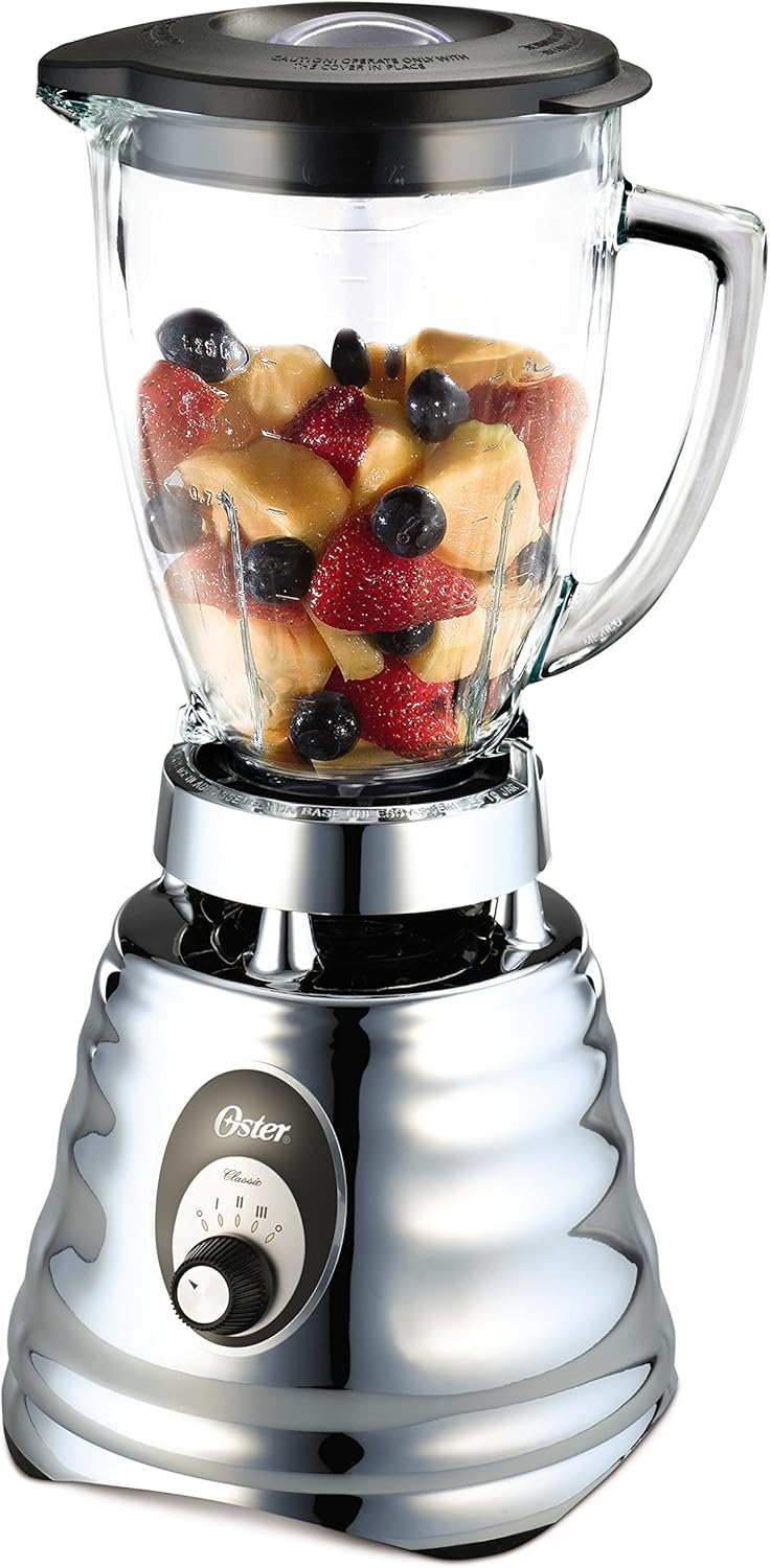 OSTER Classic Frullatore a immersione e frullatore per smoothie, 3 velocità, 600 W, bicchiere in vetro da 1,25 l, lame in acciaio inossidabile [OBL245X], 1 pezzo