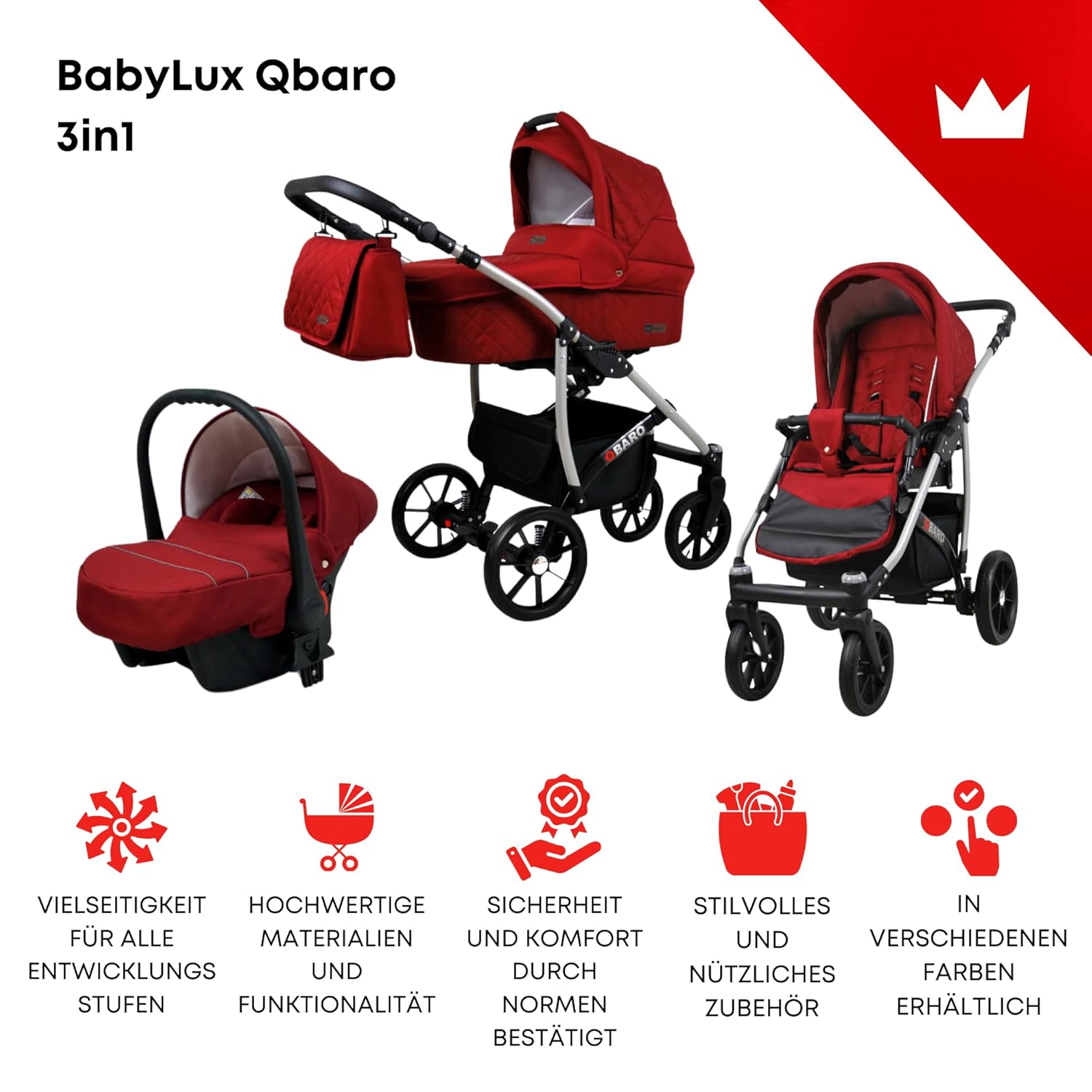 BabyLux® Bambimo Kinderwagen Set 3 in 1 - Qbaro - incl. Babywanne, Buggy Sportsitz, Auto-Babyschale - Autositz - Kinderwagenset - Kombikinderwagen mit Wickeltasche, Regenschutz usw.