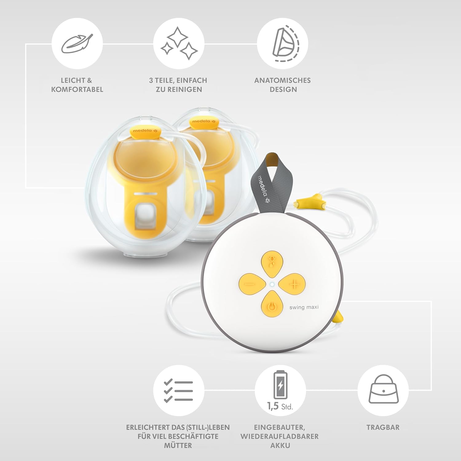 Medela Swing Maxi Tiralatte Elettrico Doppio a Mani Libere – Design Semplice e Intuitivo per l'Uso in Movimento – Connettibile all'App Medela Family
