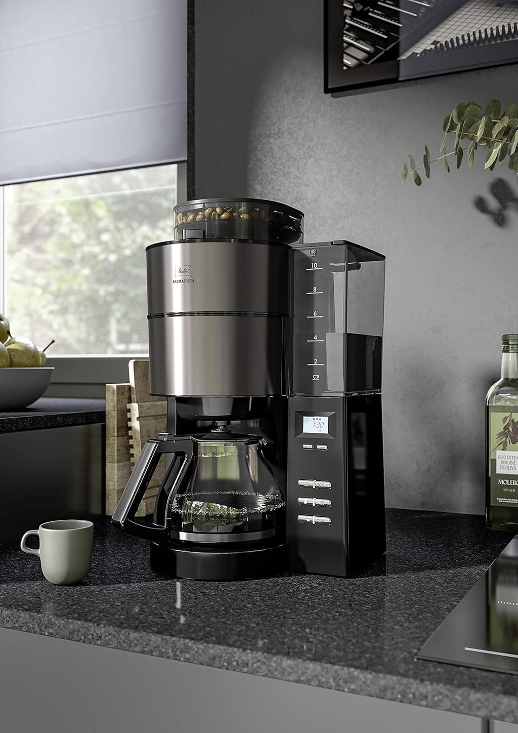 Melitta AromaFresh - Macchina da caffè con filtro - con caraffa in vetro - macinacaffè integrato - funzione timer - 10 tazze - Pure Black