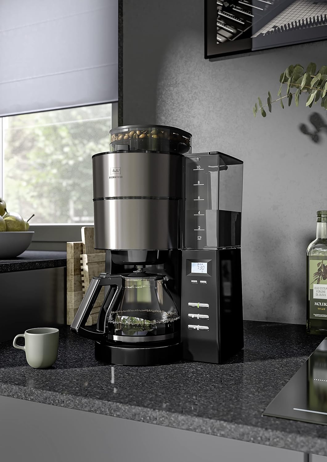 Melitta AromaFresh - Macchina da caffè con filtro - con caraffa in vetro - macinacaffè integrato - funzione timer - 10 tazze - Pure Black