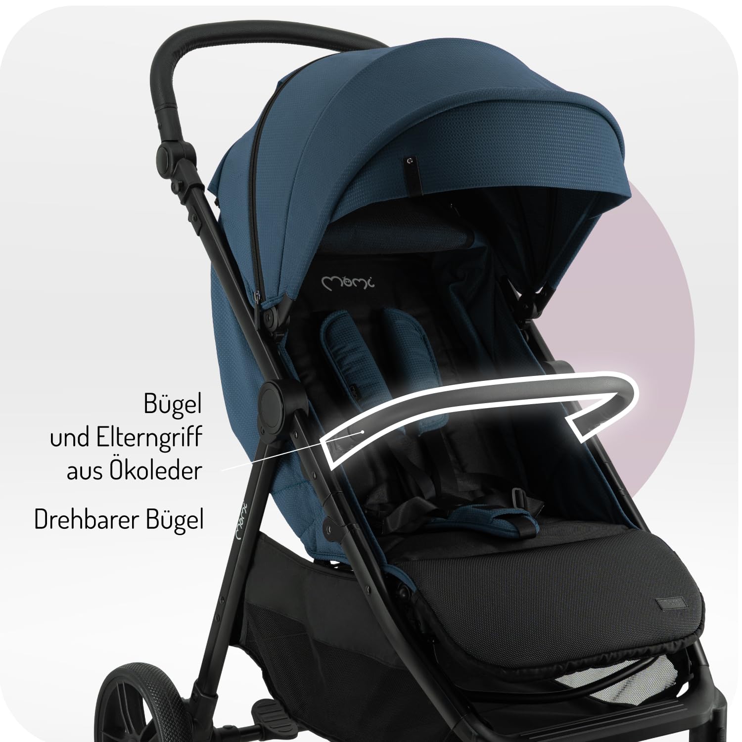 MoMi Passeggino CLARA, Passeggino dai 6 mesi in su, fino a 22 kg di peso corporeo, cintura di sicurezza a 5 punti, sacco coprigambe, portabicchieri, cestino della spesa, borsa per il cambio, zanzariera e parapioggia