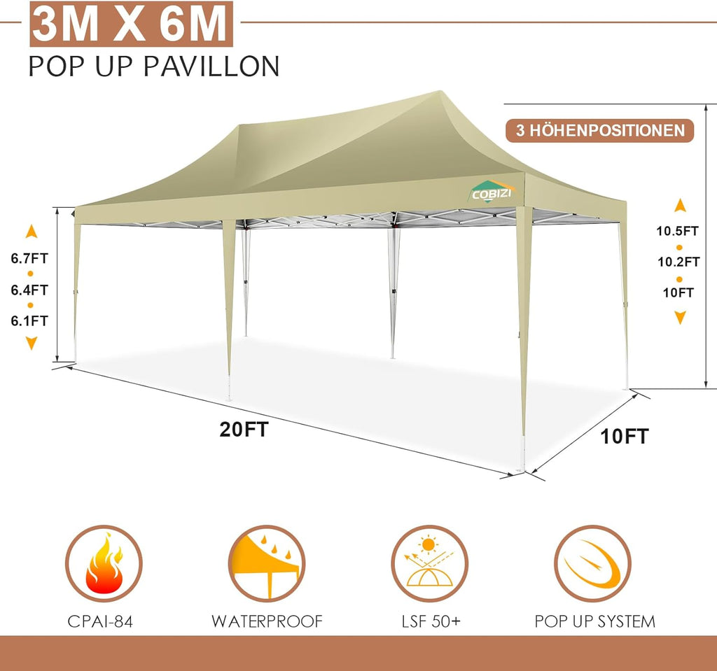COBIZI Gazebo Pieghevole 3x6 Impermeabile Stabile con 6 Pareti Laterali, Tenda a Padiglione con Tetto a Punta, 3 Altezze Regolabili, Protezione UV, Borsa per Il Trasporto, Picchetti, Corde per Giardino, Matrimoni, Mercati, Eventi all'Aperto