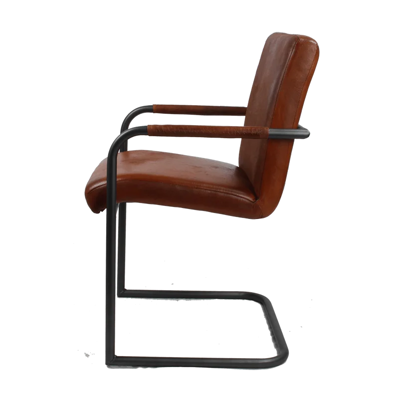 Sedia da pranzo a sbalzo Serie Liso in pelle di bufalo color cognac - Struttura rotonda con braccioli
