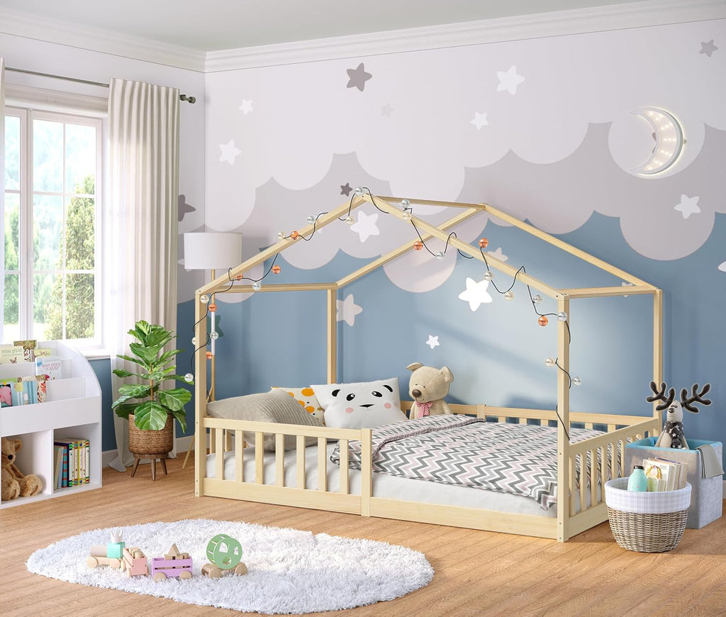 Bellabino Lettino per bambini Bia 140x200 cm, letto a capanna per bambini con protezione anticaduta e rete a doghe arrotolabile, letto a terra Montessori bianco in legno massello di pino