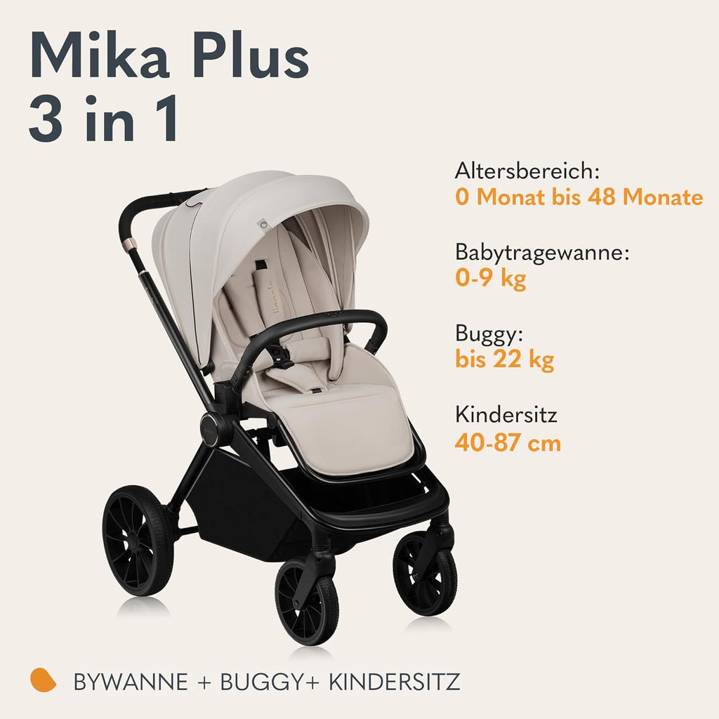 Passeggino LIONELO MIKA PLUS 3-in-1, da 0 a 48 mesi, fino a 22 kg, navicella fino a 9 kg, seggiolino auto fino a 13 kg, schienale regolabile, ammortizzazione, ruote a 360°, cappottina XXL
