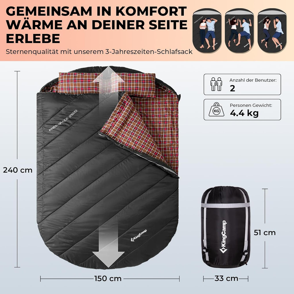 KingCamp Doppelschlafsack Flanell, Schlafsack 2 Personen, Schlafsack 3-4 Jahreszeiten, wasserfest, warm und komfortabel, verpackbar Schlafsack Outdoor