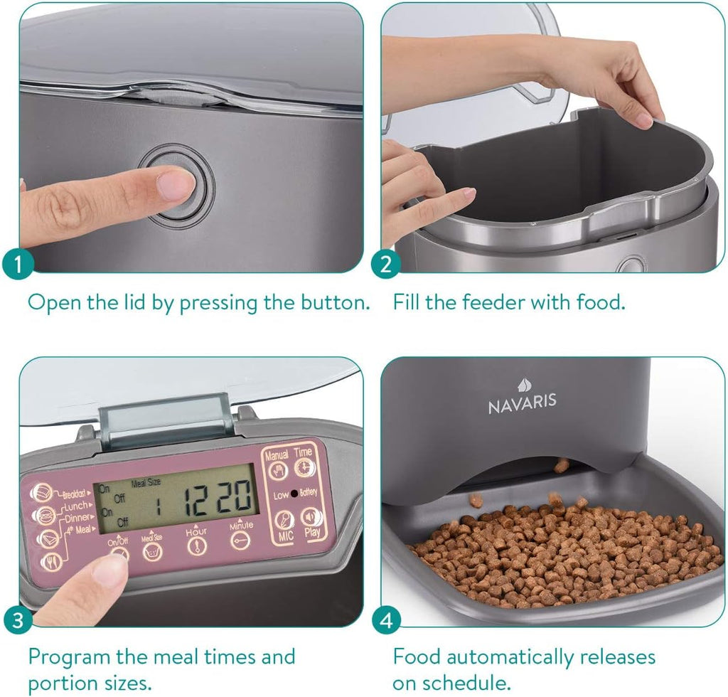 Navaris Distributore Automatico di Cibo con Timer - Ciotola per Alimenti Automatica da 6L con Timer e Notifica Sonora - per Cane e Gatto