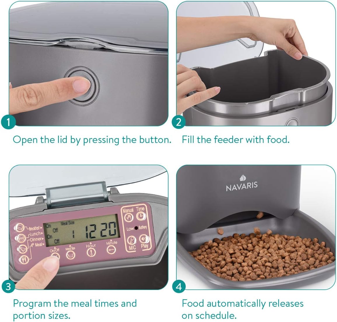 Navaris Distributore Automatico di Cibo con Timer - Ciotola per Alimenti Automatica da 6L con Timer e Notifica Sonora - per Cane e Gatto