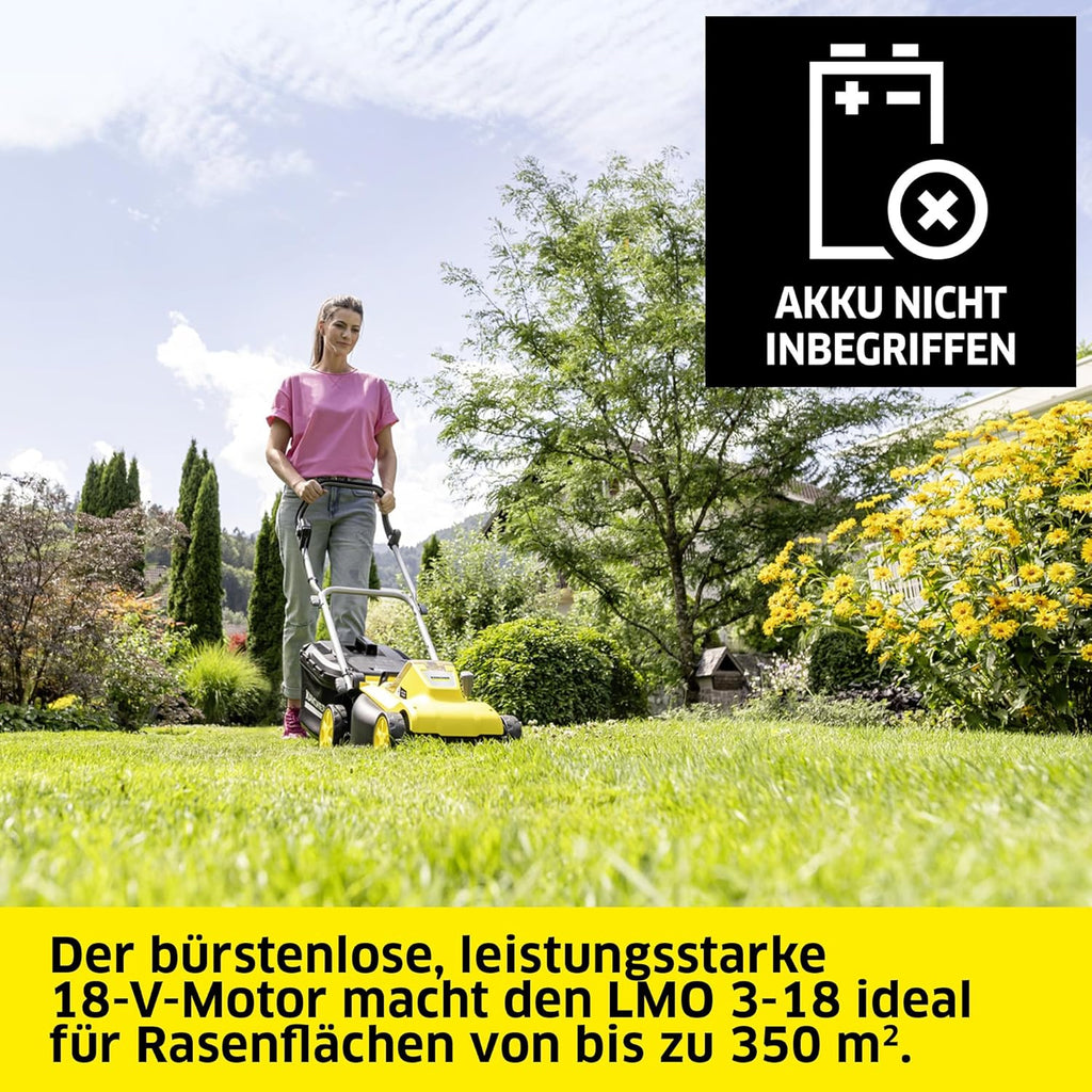 Kärcher Akku-Rasenmäher LMO 2-18, Grasfangbehältervolumen 30 l, 5 stufige Schnitthöhenverstellung 3.500 U/min, ohne Akku und Ladegerät, gelb