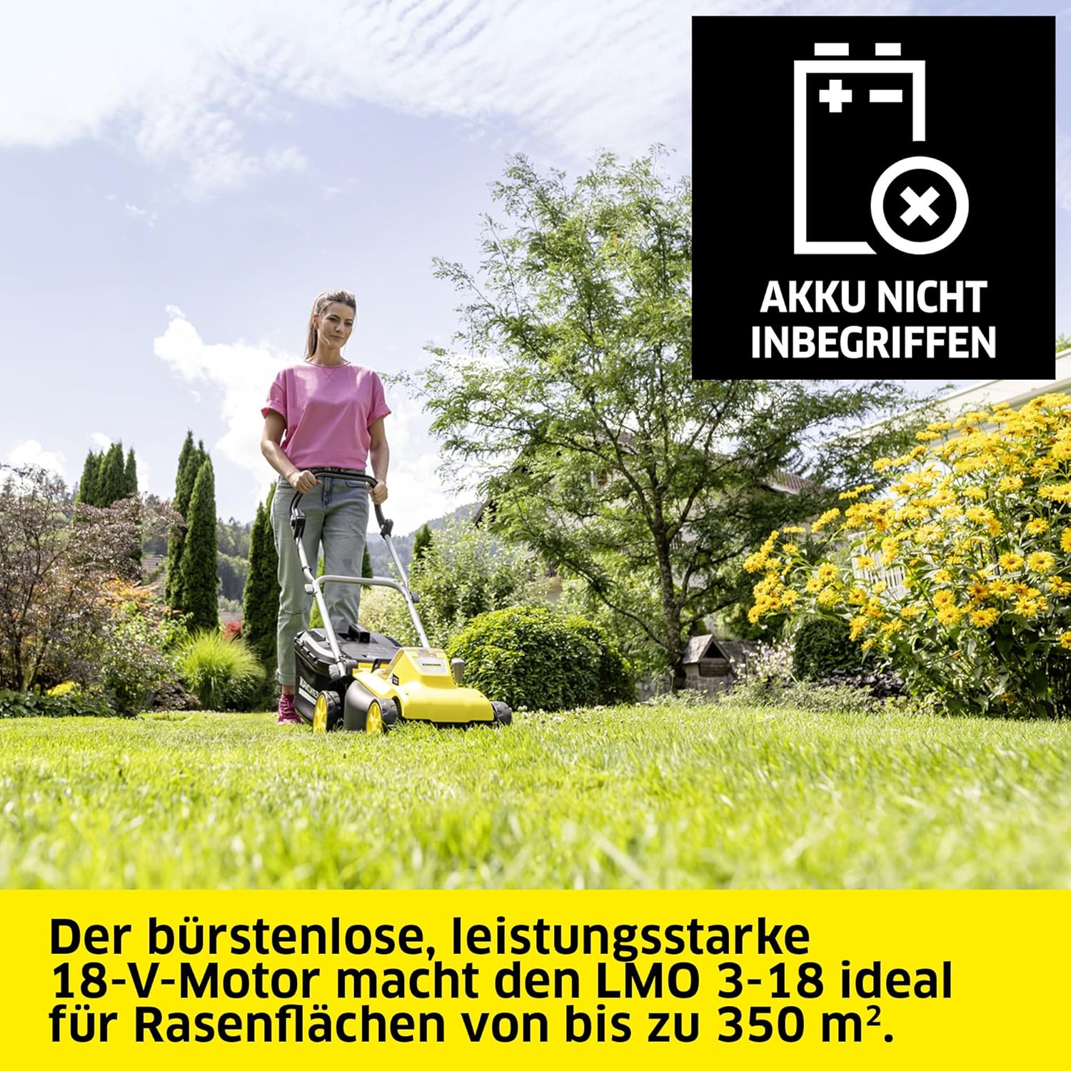 Kärcher Akku-Rasenmäher LMO 2-18, Grasfangbehältervolumen 30 l, 5 stufige Schnitthöhenverstellung 3.500 U/min, ohne Akku und Ladegerät, gelb