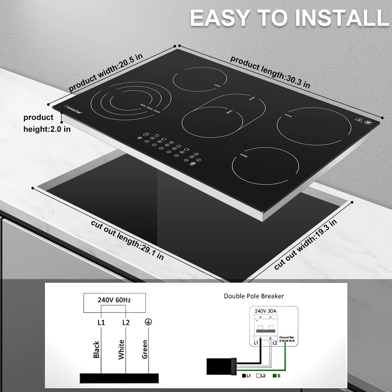 AMZCHEF Induktionskochfeld 60cm mit Zwei Flexzonen, 4 Zonen Induktionskochplatte mit Boost-Funktion und 9 Leistungsstufen, Touch-Bedienung, Timer, Sicherheitsschloss, Überhitzungsschutz, BBQ, 7200W