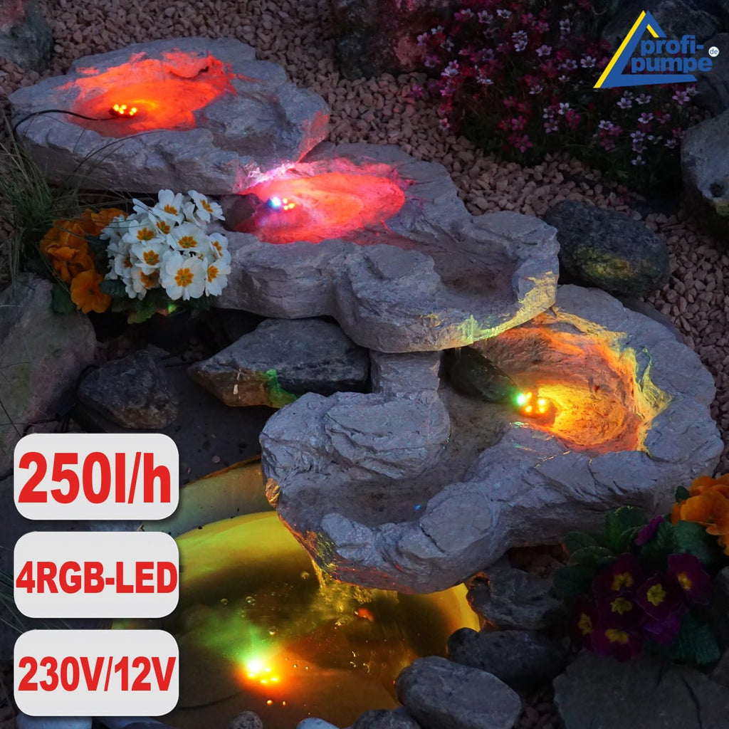Fontana solare da giardino Bachlauf QUELLBACH II con luce LED/sistema ibrido, FONTANA ORNAMENTALE a 230V, BAGNO PER UCCELLI, CASCATA, LAMPADA DA GIARDINO, POMPA PER STAGNO - GIOCO D'ACQUA per giardino, laghetto da giardino, laghetto