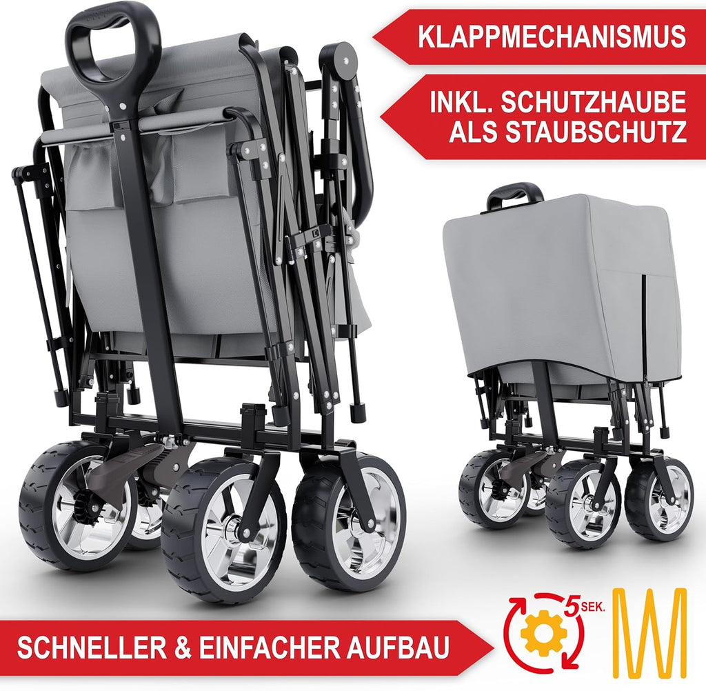 ONBEST Carretto Pieghevole - Con Parapioggia - Carrello Pieghevole con Tetto 100 kg di Carico - Tetto Parasole - Borsa Termica - Portabicchieri - Outdoor - Carrello da Spiaggia Pieghevole (Nero)