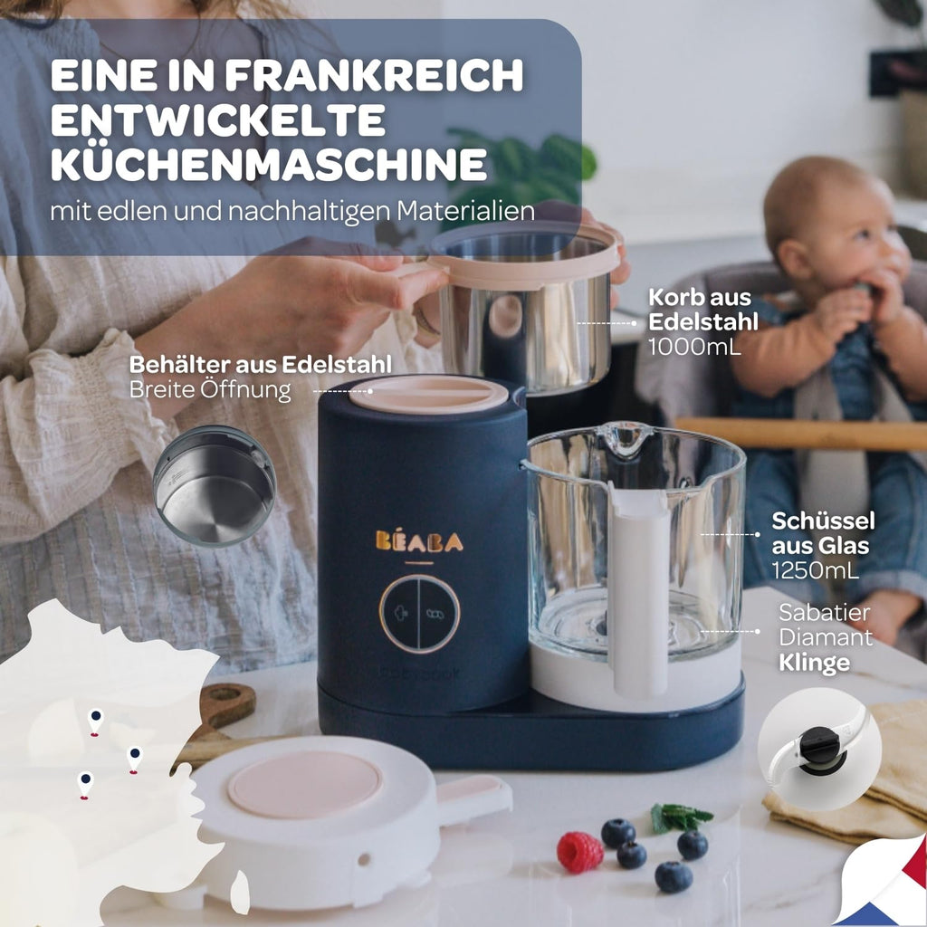 Béaba - Babycook Neo - 6 in 1 Babynahrungszubereiter - Schonender Dampfgarer - Glaskrug und Garkorb aus Edelstahl - Mineralgrau