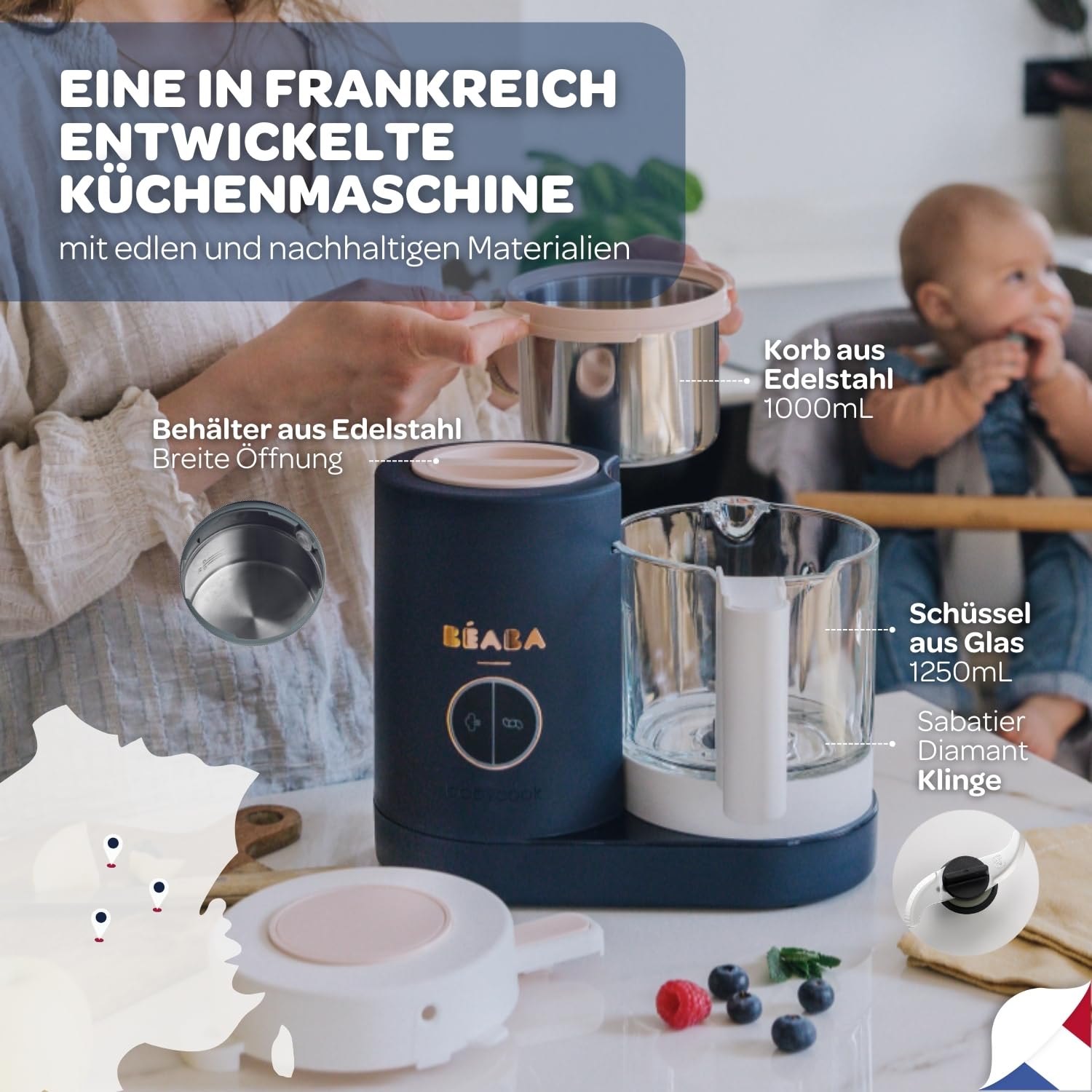 Béaba - Babycook Neo - 6 in 1 Babynahrungszubereiter - Schonender Dampfgarer - Glaskrug und Garkorb aus Edelstahl - Mineralgrau