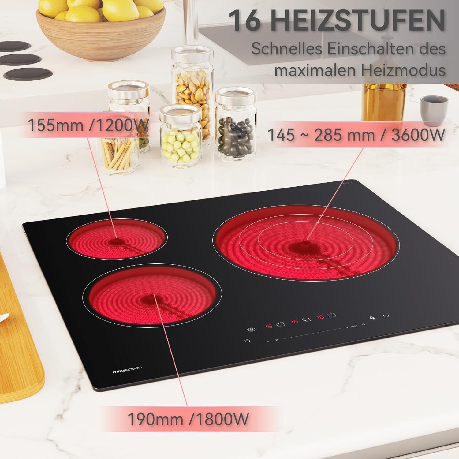 Piano cottura a induzione magicplux 60 cm, 4 zone di cottura a induzione con due zone flessibili, 9 livelli di potenza e funzione booster, timer 1-99 minuti, 7200 W