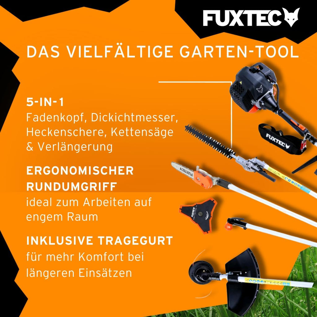 FUXTEC Decespugliatore a Benzina FX-MT252ER Multitool 5in1, 52 cc, Imbracatura Incl. Prolunga 1m 3 CV Combinata Tagliasiepi con Potatore Regolabile su Asta Sistema Combinato Decespugliatore a 2 Tempi
