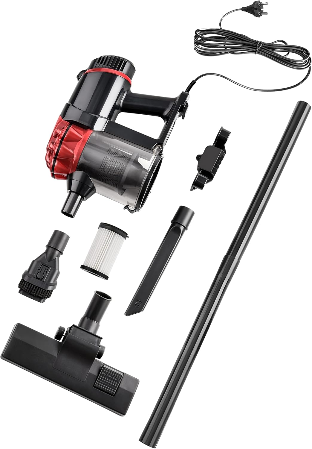 Venga! 2-in-1-Stiel- und Handstaubsauger, 4 m Anschlusskabel, beutellos, 2-in-1-Bodenbürste + 2 Extras, bis zu 20 kPa Saugleistung, rot/schwarz, 600 W, VG HVC 3001