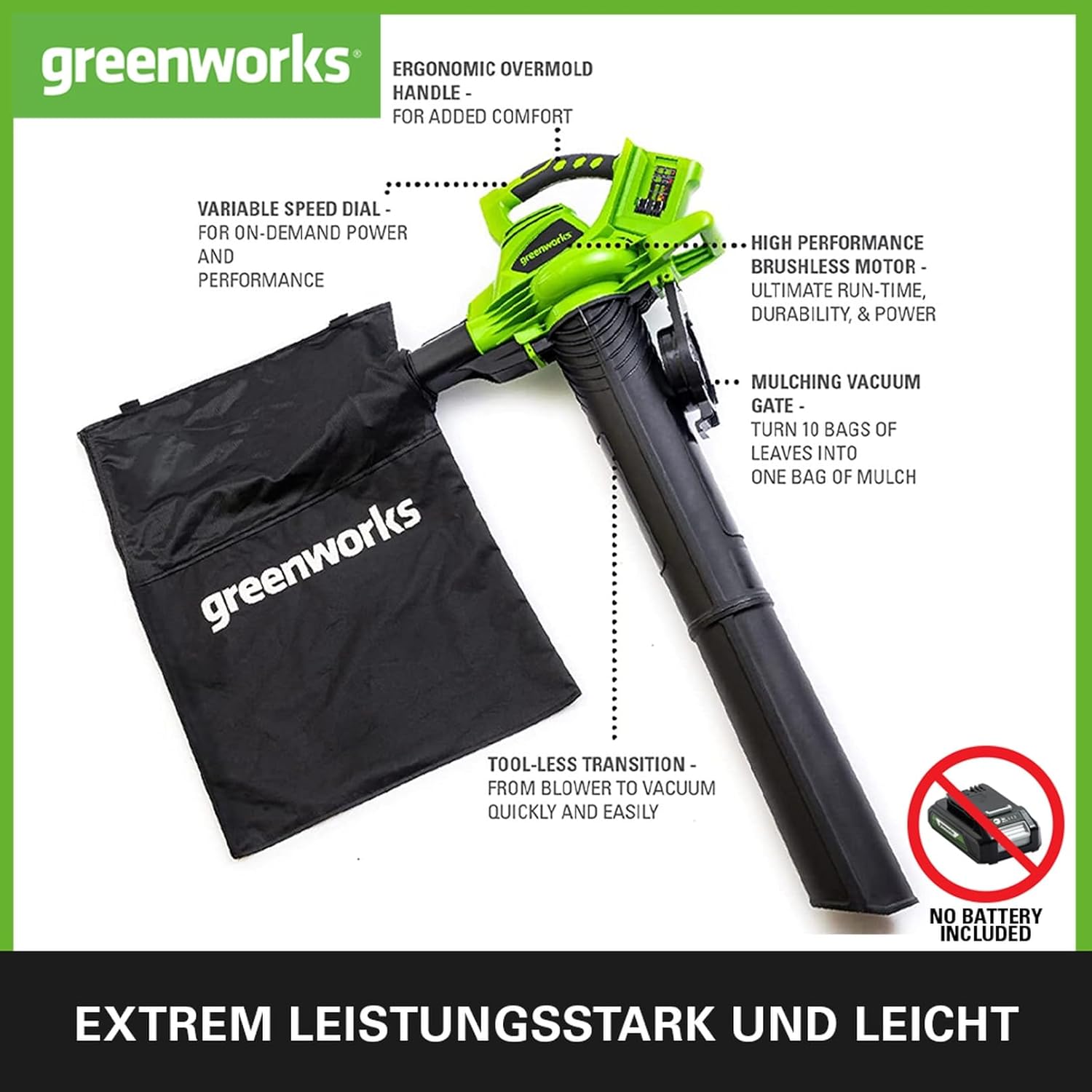Greenworks 48V (2x24V) Aspiratore/Soffiatore per Foglie a Batteria con Tracolla, Motore Brushless, 322 km/h, 9 m³/min, Sacco di Raccolta da 45L, due Batterie da 4Ah e Caricabatterie, 3 Anni di Garanzia GD24X2BVK4X