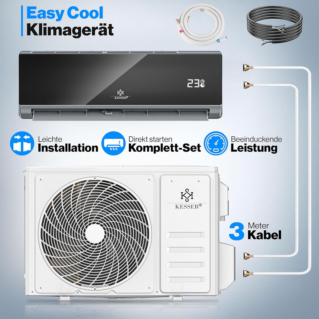 KESSER® Condizionatore Split - con funzione WiFi/App - Raffreddamento A++/Riscaldamento A+ - 9000 BTU/h (2.600 Watt) Refrigerante R32 - Telecomando, funzione timer - Kit di montaggio completo incluso
