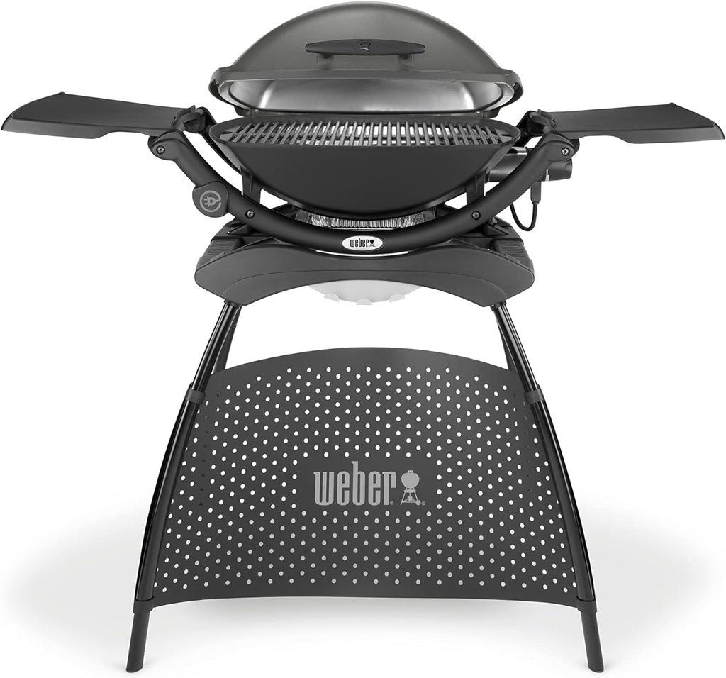 Weber Q2400 Barbecue elettrico con supporto + tavolini laterali, superficie di cottura 54 x 39 cm, portatile, griglia di cottura in ghisa smaltata in due pezzi, coperchio e braciere in ghisa d'alluminio - Grigio scuro (55020879)