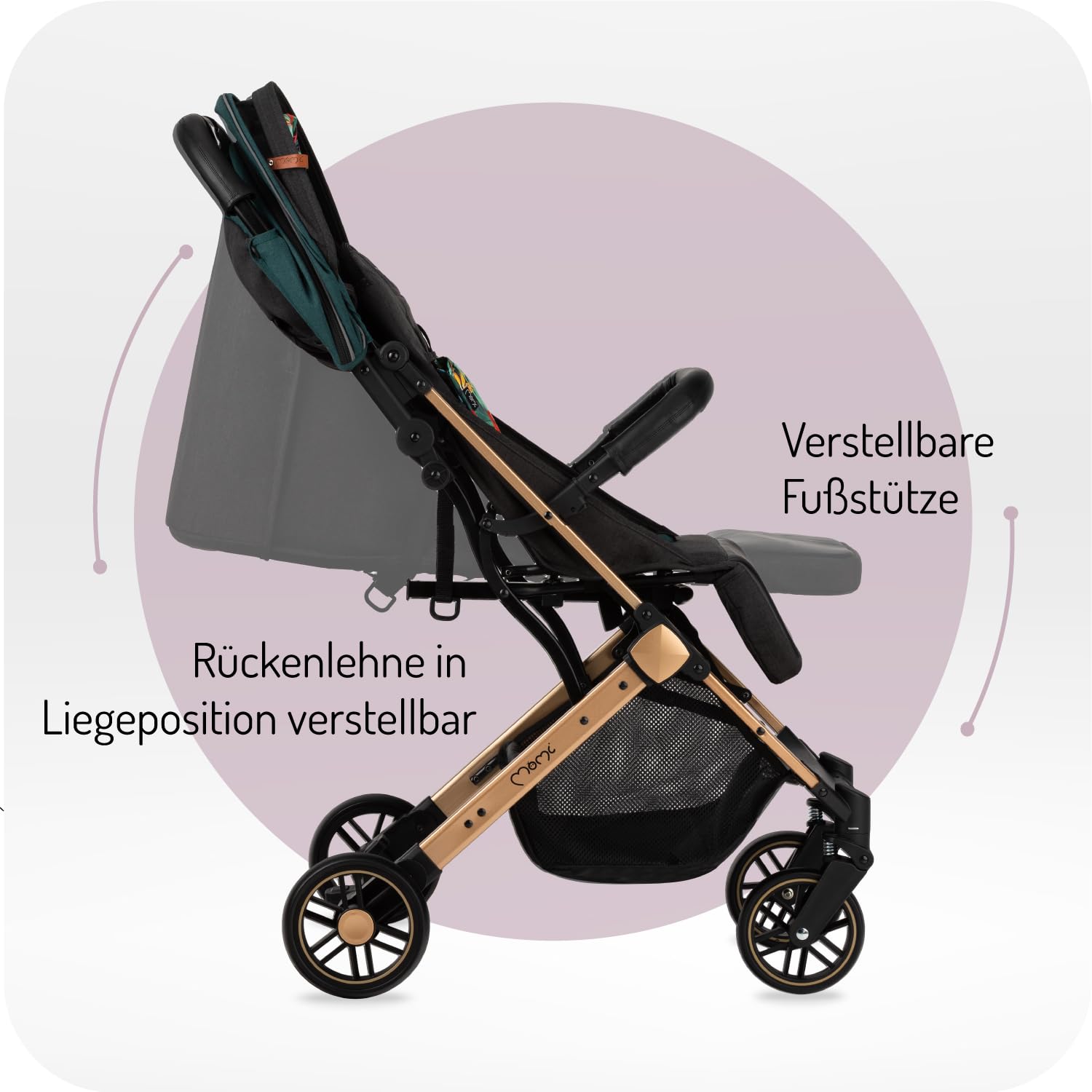 MOMI ESTELLE Kinderwagen für Kinder ab 6 Monat bis zu max körpergewicht von 15 kg, klappbar auf die Maße 65 x 51 x 21 cm, gewicht 7,5 kg, 5-Punkt-Sicherheitsgurt, koffer, grau-gold, Räder 6''/6,5''