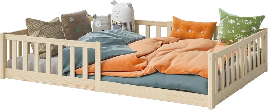 Bellabino Vere Letto a Pavimento 140x200 Montessori, Letto Matrimoniale con Protezione Anticaduta e Rete a Doghe, Letto per Bambini e Bambine in Legno Massello di Pino Bianco con Sbarre