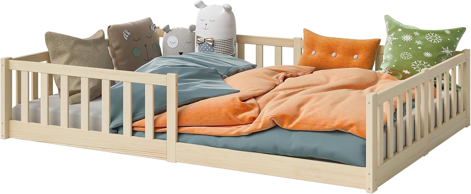 Bellabino Vere Letto a Pavimento 140x200 Montessori, Letto Matrimoniale con Protezione Anticaduta e Rete a Doghe, Letto per Bambini e Bambine in Legno Massello di Pino Bianco con Sbarre